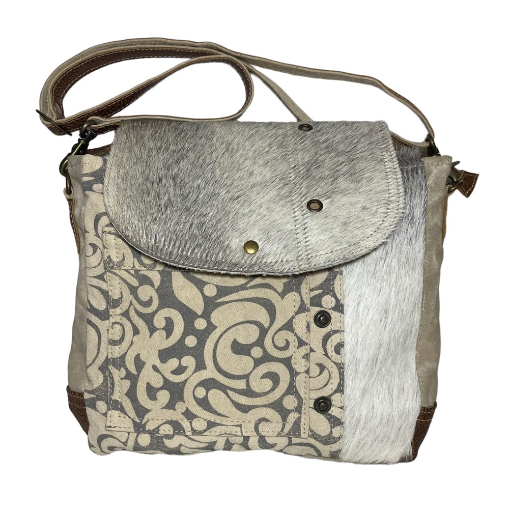Myra Bag Factual Messenger Calf Hair Hide Canvas Crossbody Bag